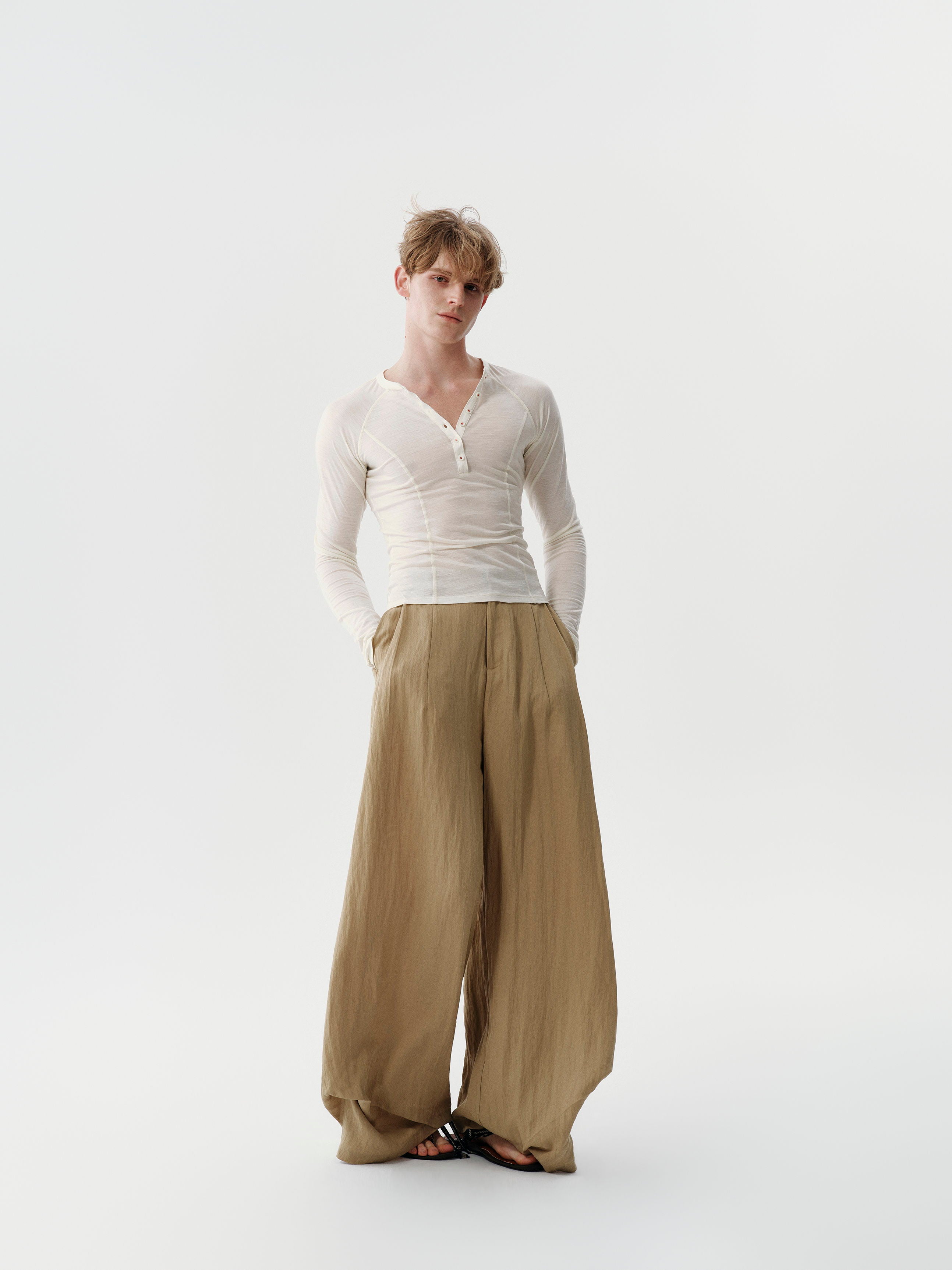 Drape Pleated Pants — Sand Beige