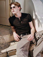 YHONE Essential Henley Top slim short-sleeve henley tee, image 09