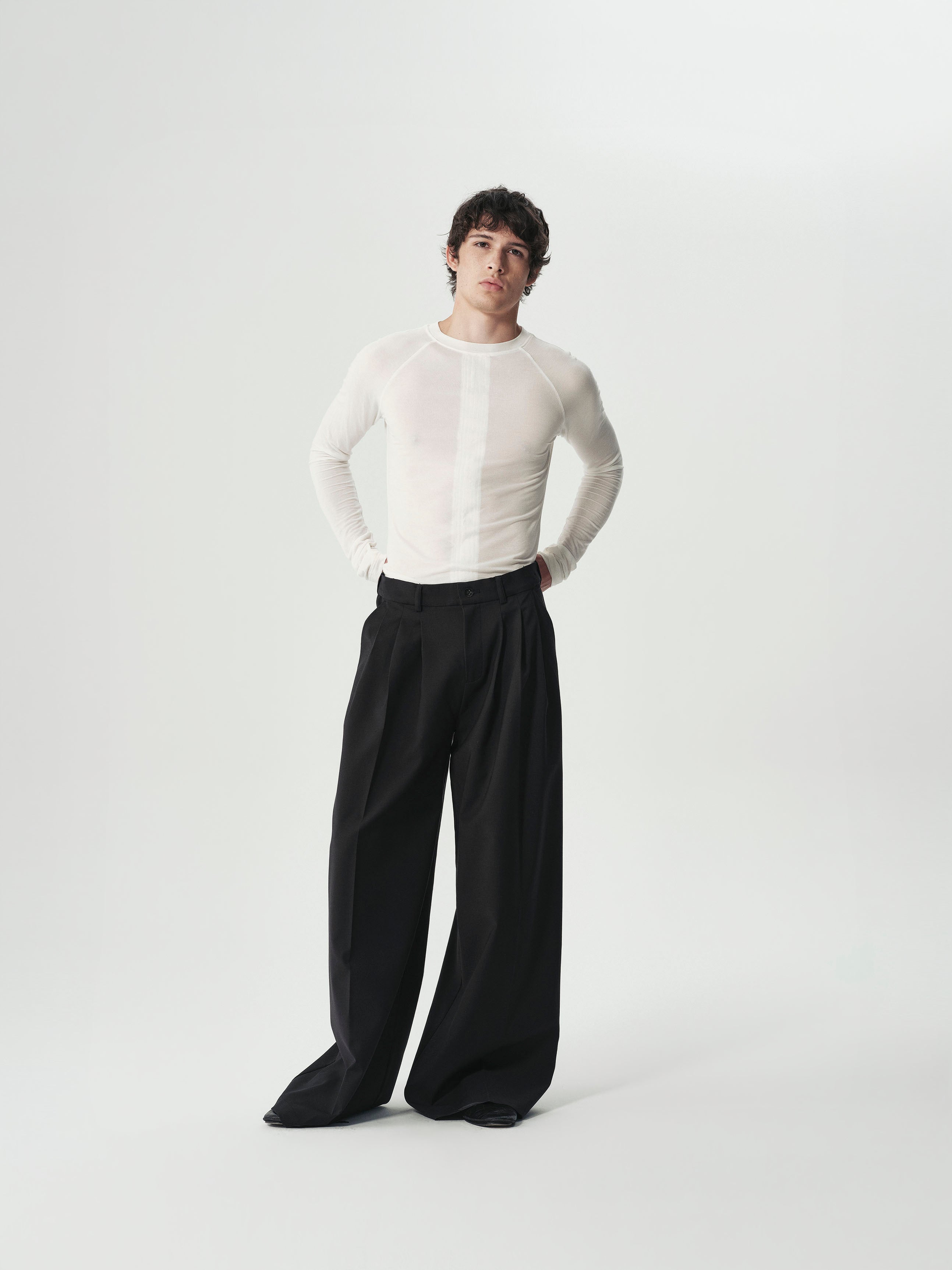 Triple-Pleat Wide Trousers in Black