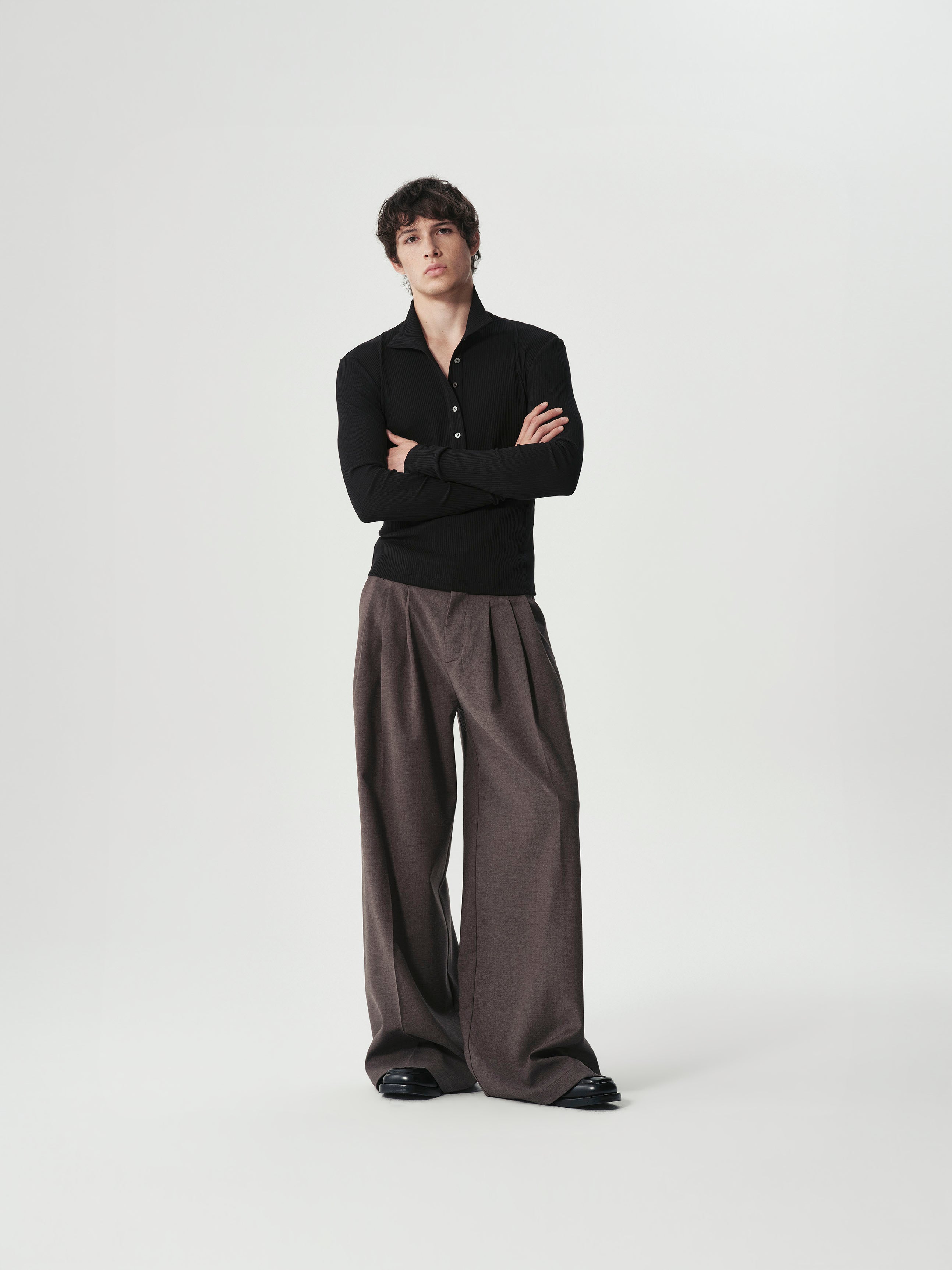 Triple-Pleat Wide Trousers in Charcoal Brown