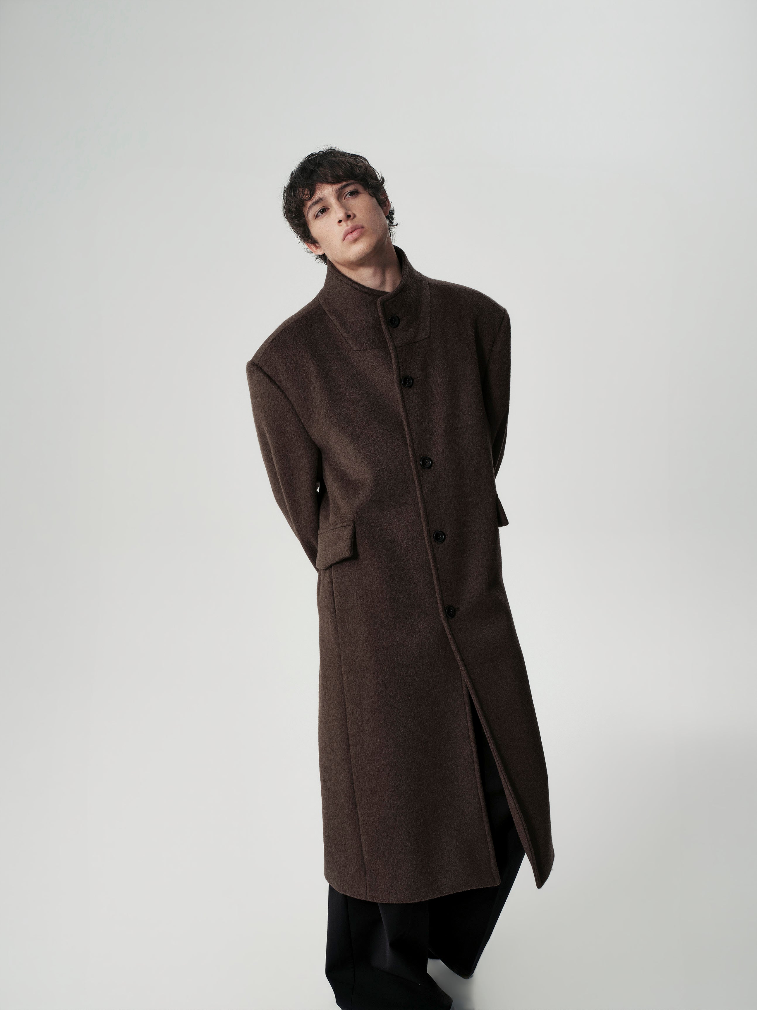 Funnel Neck Wool Coat in Dark Brown
