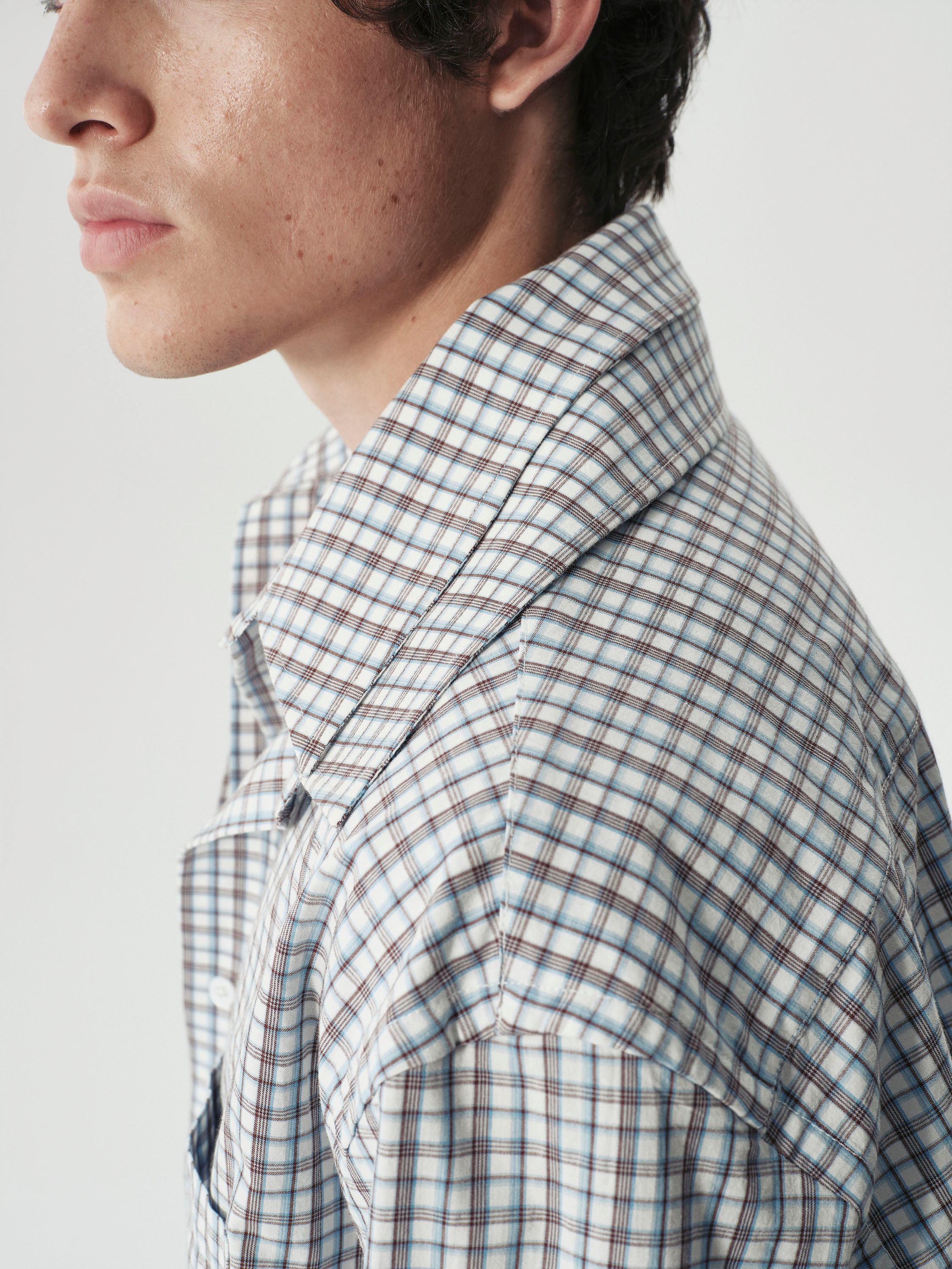 Layered Check Shirt in Brown and Blue Stripes