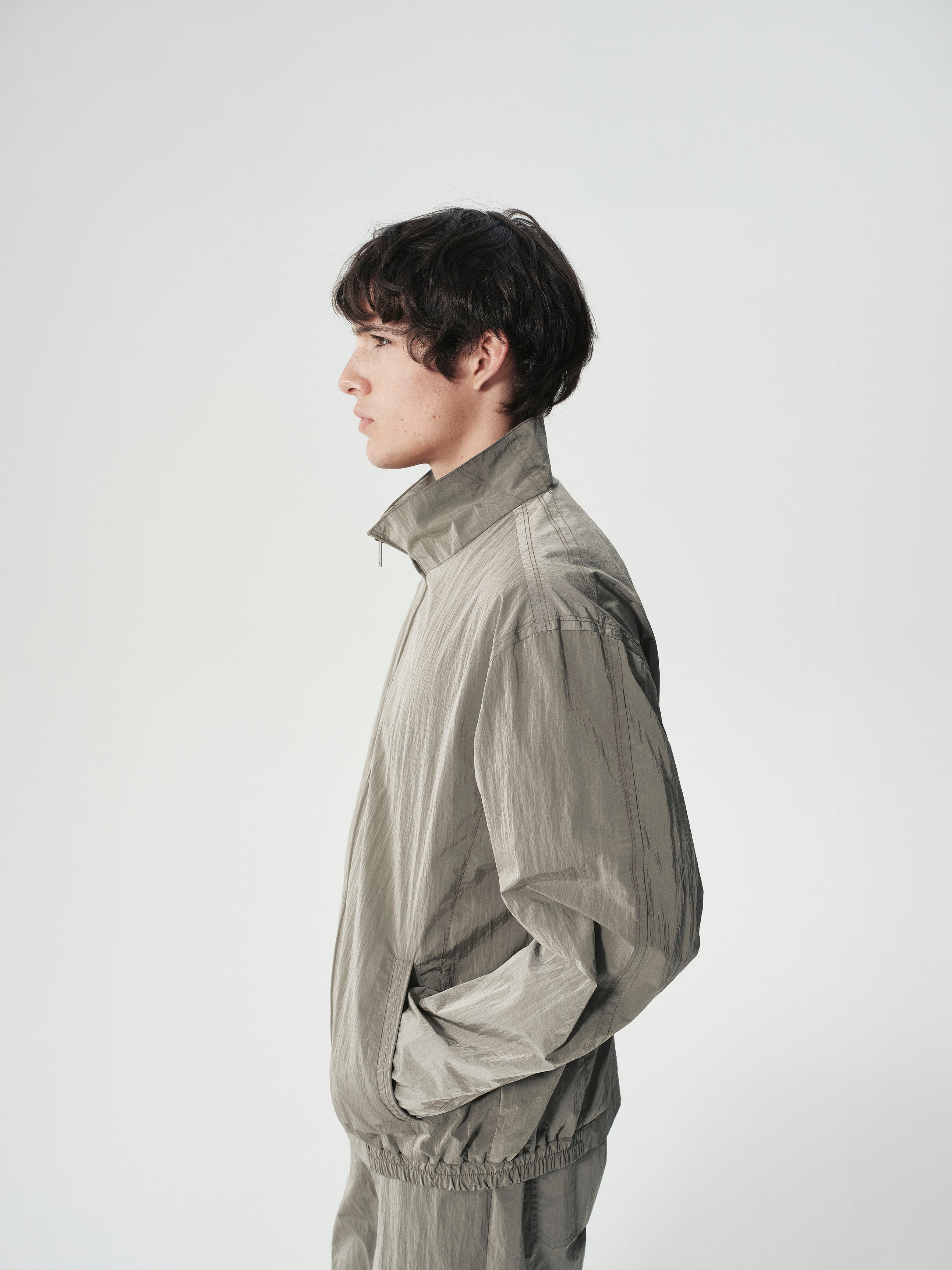 Crinkle Nylon Track Jacket in Gray Green